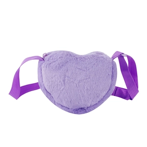 Detail of purple heart-shaped plush shoulder bag with soft faux fur and nylon strap