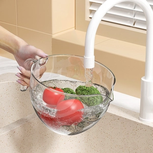 Transparent kitchen drain basket with handle for washing rice and fresh vegetables