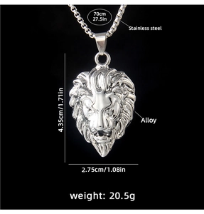 Detailed dimensions of silver lion pendant with 70cm stainless steel chain necklace