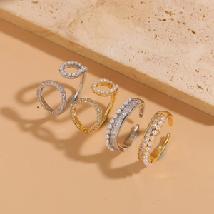 Geometric Artificial Pearl Zircon Open Adjustable Ring Copper 14K Gold Plated French Light Luxury Elegant Fashion For Women