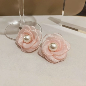 Elegant pink silk camellia earrings with white pearl centers for women's summer jewelry