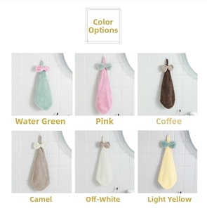 Hanging coral fleece hand towels with bow tie detail in six assorted soft colors