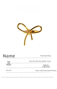Detailed product info table for 18K gold plated brass bow ring with size and weight specs