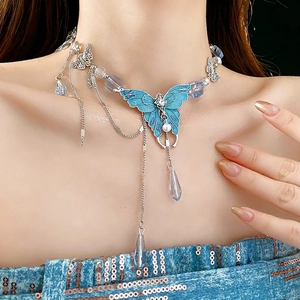 Collier Pendentif Papillon Bleu Alliage Strass Cristal Émail Gland Frange Chaîne Clavicule Fée Style Y2K Bijoux Femmes