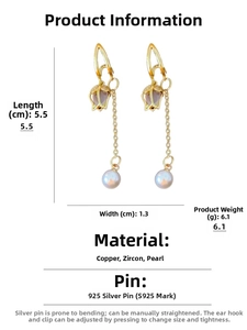 Detail view of tulip zircon earrings with pearl tassels showing dimensions 5.5 by 1.3 cm