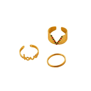 Elegant gold titanium steel ring set with hollow Love text and colorful dots