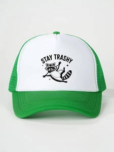 Detail of Stay Trashy raccoon print on a green and white mesh trucker cap