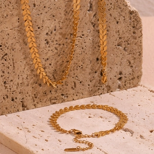 18K gold plated stainless steel leaf jewelry set including necklace and bracelet