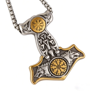 Two Tone Thor Hammer Pendant Necklace Stainless Steel Viking Wolf Head Vegvisir Compass Nordic Mythology Retro Men Jewelry