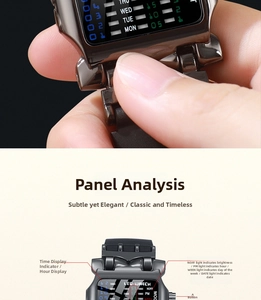 Binary LED watch interface detail showing matrix light display and function indicators