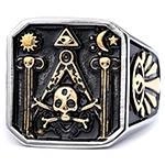 Retro Masonic signet ring with engraved compass and skull symbols in antique silver finish