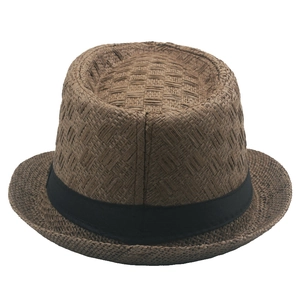 Men's brown straw fedora hat with black decorative band for summer sun protection