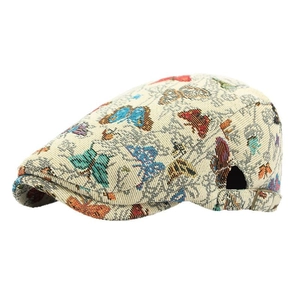 Vintage flat cap for women with colorful jacquard butterfly patterns and metal buckle