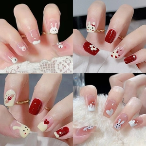 Schattig Cartoon Konijn Patroon Druk Op Nagels Zoete Stijl Strass Decoratie Veelkleurig Herbruikbare Kunstnagels Voor Dames