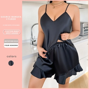 Damen Satin Schlafanzug Camisole Und Rüschen Shorts Übergröße V-Ausschnitt Spaghettiträger Imitation Satin Nachtwäsche Homewear