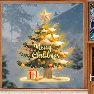 Gold Christmas tree window sticker with Merry Christmas text for festive glass decoration