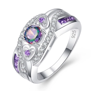 Fashion Heart Shape Copper Ring With Zirconia 925 Silver Plated Purple Sky Blue CZ Stone Wedding Jewelry For Women Gift