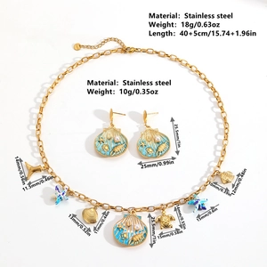 Gold stainless steel ocean jewelry set with blue enamel shell starfish and turtle charms