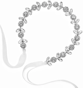 Serre-tête de mariée en argent avec cristaux tournesol et rubans blancs élégants
