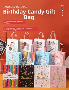 Detail of assorted Happy Birthday kraft paper gift bags with balloon and stripe patterns
