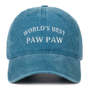 Detail of embroidered WORLD'S BEST PAW PAW text on a vintage washed cotton baseball cap