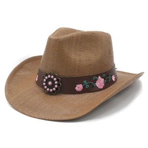 Brown western straw cowboy hat with embroidered floral leather band and metal floral bead