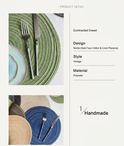 Macro-detail van handgeweven ronde placemats met vintage Scandinavische textuur
