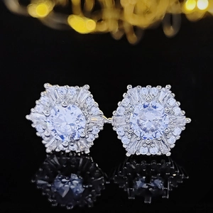Elegant silver hexagonal cluster stud earrings featuring brilliant cubic zirconia stones