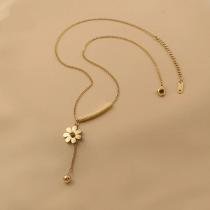 Gänseblümchen Anhänger Halskette Titanstahl Y-Kette Gebogenes Rohr Metallperle Floral Elegant Für Damen Vergoldet