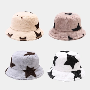 Women Bucket Hat Plush Faux Fur Thickened Warm Winter Star Pattern Fashion Basin Hat Soft Windproof Outdoor Headwear
