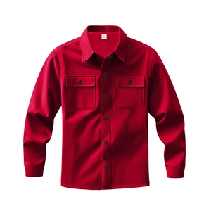 Detail view of red slim fit jacket showing collar label with size L and fabric texture