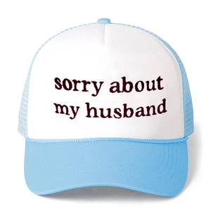 Blue and white trucker hat with sorry about my husband embroidery and mesh back