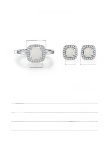 Detailed size chart for S925 silver opal ring and earrings showing exact dimensions and weight