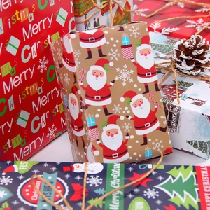 Christmas gift wrapping paper set with red snowflakes and pine tree patterns for DIY holiday crafts