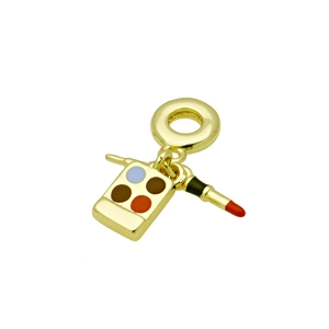 Detailed view of gold pendant featuring colorful eyeshadow palette and red lipstick charm