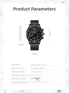 Detailed size guide and specifications for the M1213 mens stainless steel mesh watch