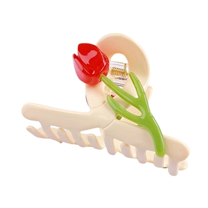 Elegant beige acetate hair claw with red tulip design for stylish women hair styling