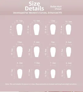Size guide for French ballet heart diamond press-on nails featuring 12 sizes and 24 pieces