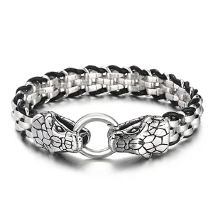 Mens woven leather bracelet featuring silver stainless steel double snake head ring clasp