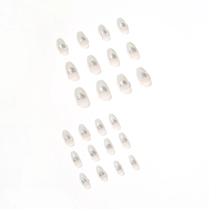 Gradient grey press-on nails with silver glitter hearts and elegant pearl accents