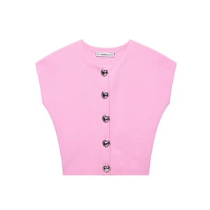 Top In Maglia Rosa Senza Maniche Cardigan Con Bottoni A Cuore Argento Girocollo Maglione Corto Donna Elegante