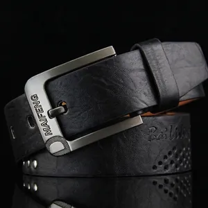 Men's vintage black leather belt with silver brushed metal pin buckle and textured finish