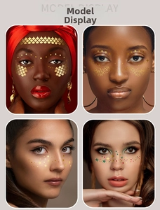 Models wearing gold freckle tattoo stickers with star and geometric shapes for party