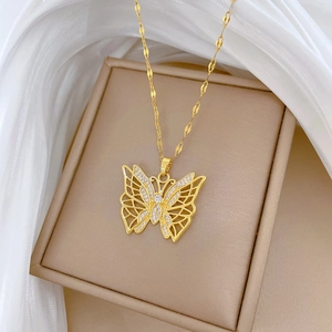 Titanium hollow butterfly pendant necklace with zircon inlay in gold finish