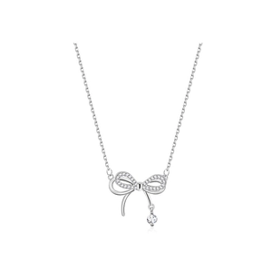 Elegant silver bow pendant necklace with sparkling clear crystals and teardrop charm