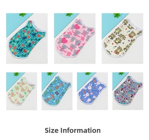 Close-up of various cartoon printed pet vests in breathable fabric for small dogs