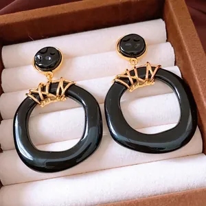 Vintage Irregular Resin Drop Earrings With 925 Sterling Silver Earring Post Black Gold Luxury Retro Style For Women