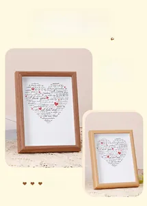 Detail of wooden heart-shaped multi-language photo frame for romantic gift decor