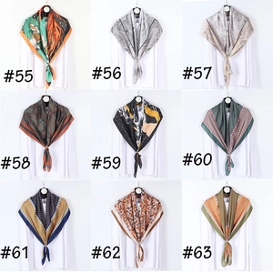 Detailed grid view showing nine assorted 90cm satin silk scarves with diverse patterns