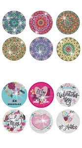 Detail of round DIY diamond painting coasters with mandala and Valentine motifs